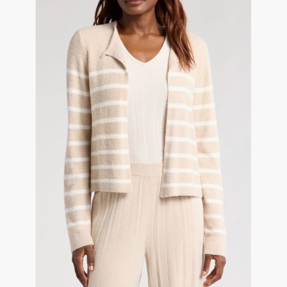 Barefoot Dreams CozyChic Lite Striped Cardigan Stone/Pearl SZ XL - Picture 2 of 16